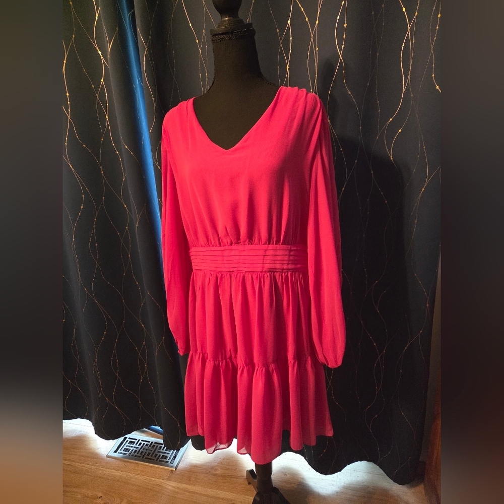MSK Hot Pink Long Sleeve V-Neck Tiered Dress